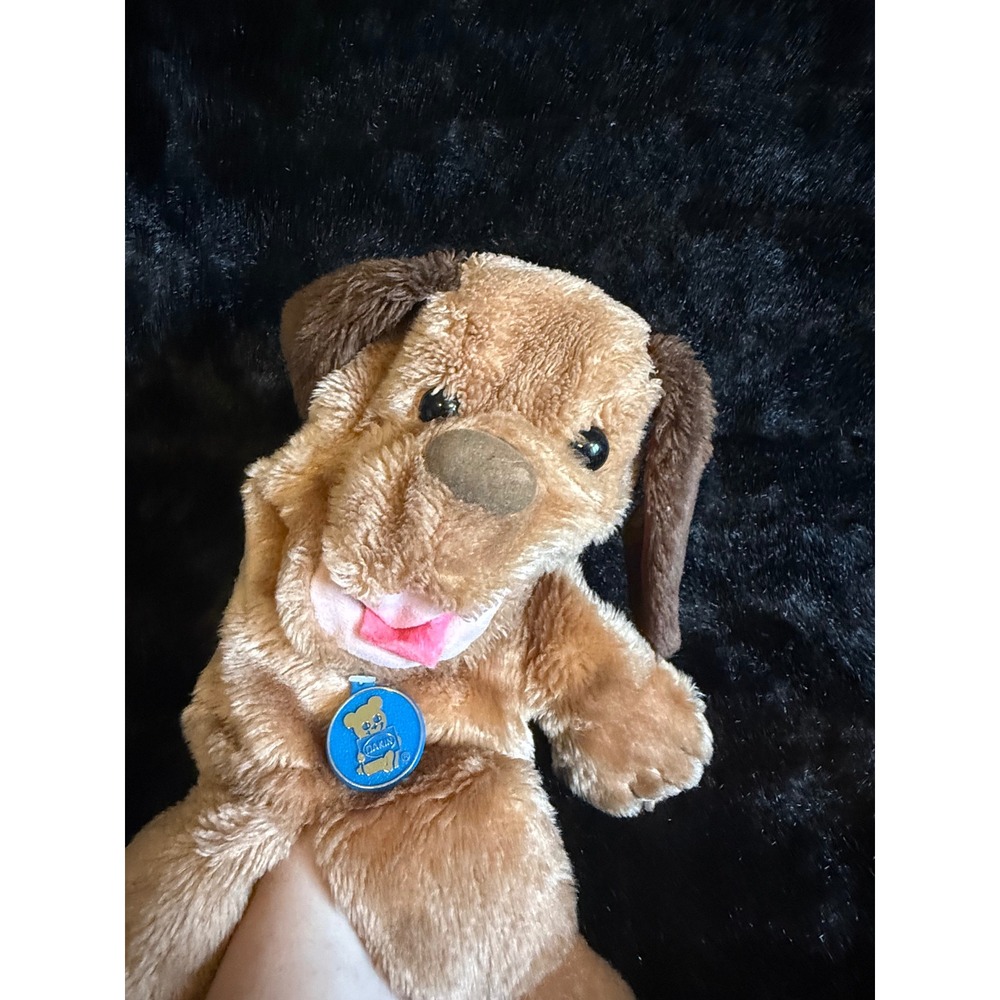 Vintage Dakin Plush Dog Hand Puppet Tan Brown Fur Blue Tag Toy